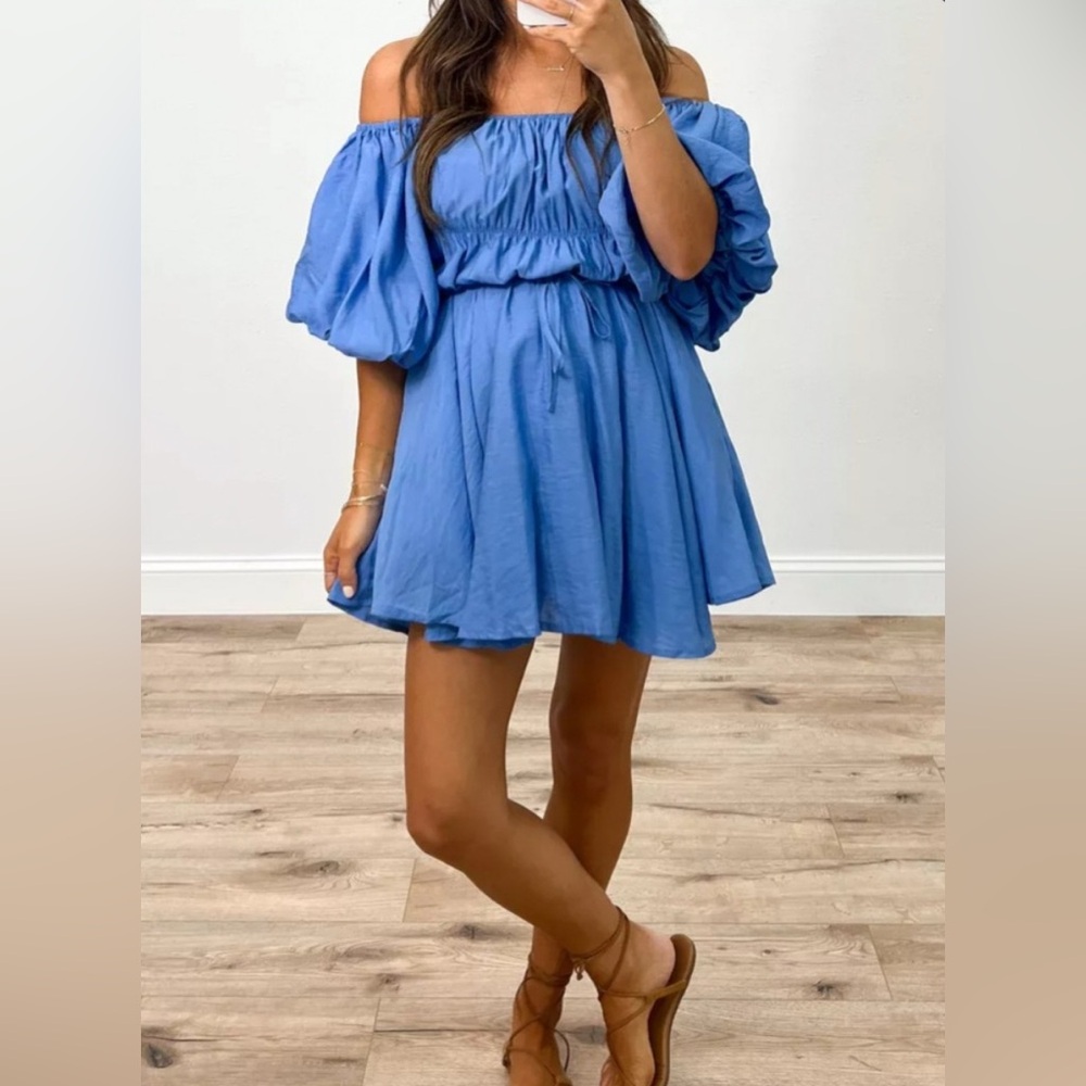 Tahari Blue Puff Sleeve Mini Dress